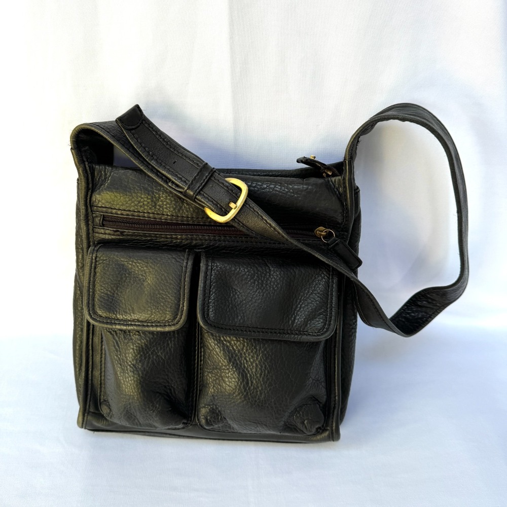 Vintage Fossil Black Leather Women's Shoulder Bag Dual Front Utility Pockets
